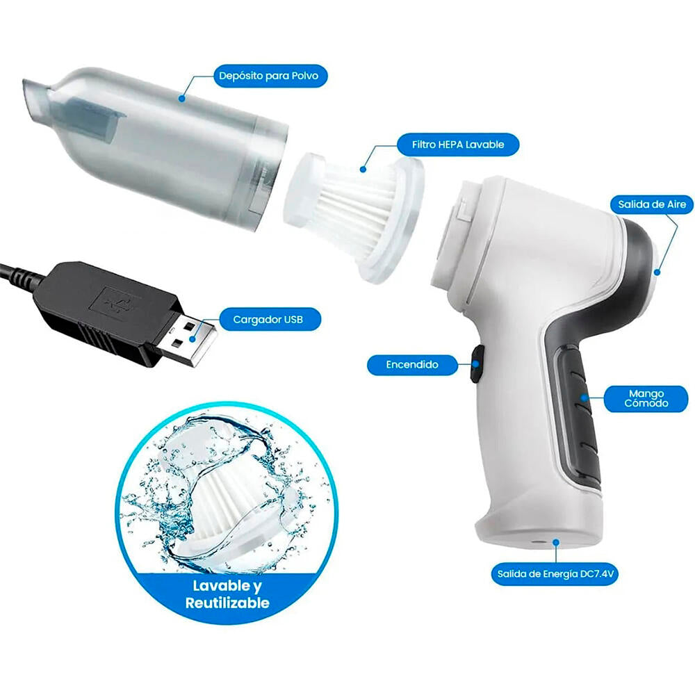 Aspiradora de Mano Inalámbrica 4 en 1 con Sopladora y Compresor, USB, para Hogar y Coche